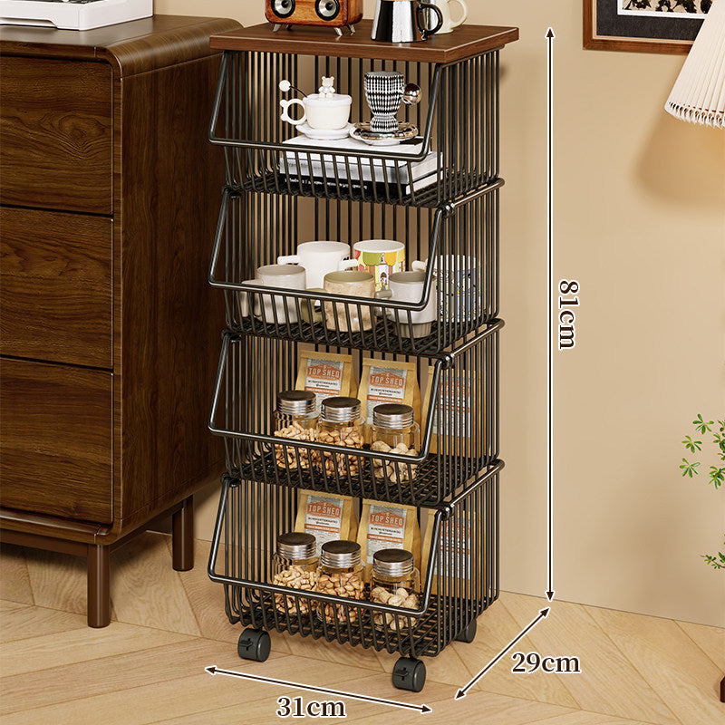 Four-Tier Industrial Wire Basket Cart with Wood Top and Swivel Locking Casters