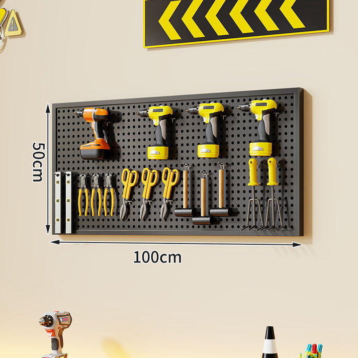 Wall-Mounted Perforated Metal Tool Pegboard Organizer with Magnetic Strip and Multi Hooks