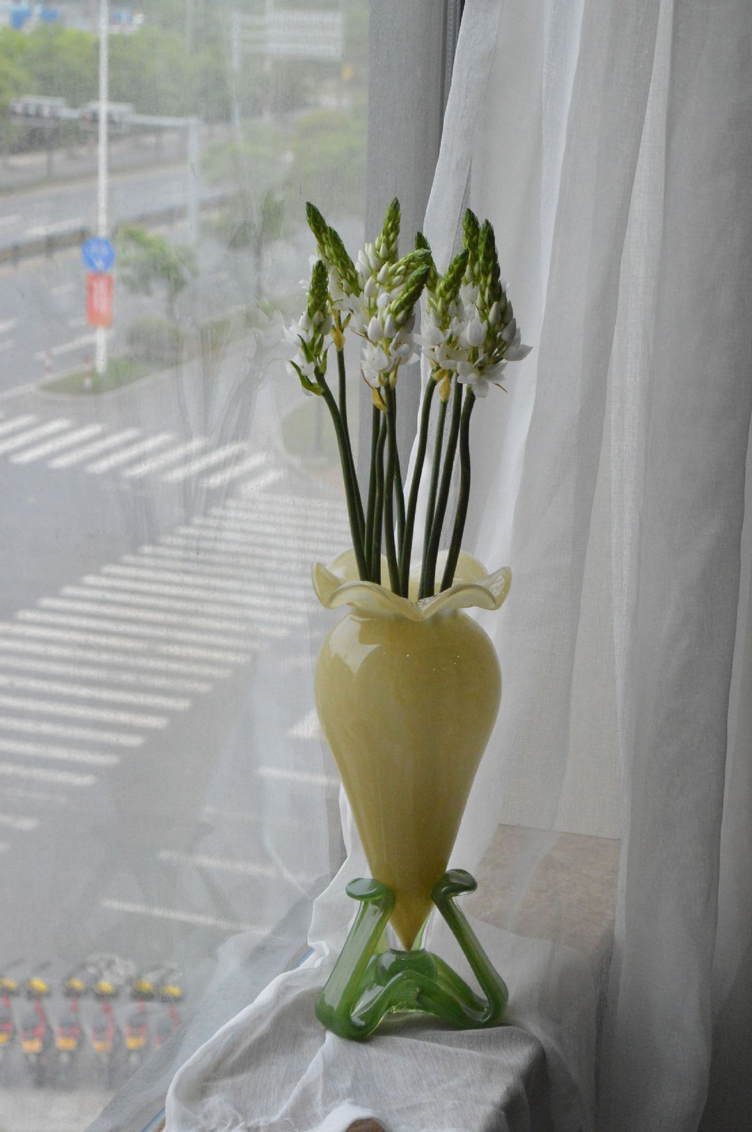 Tall Hand-Blown Fluted Glass Vase with Ruffled Rim & Rounded Pedestal Base