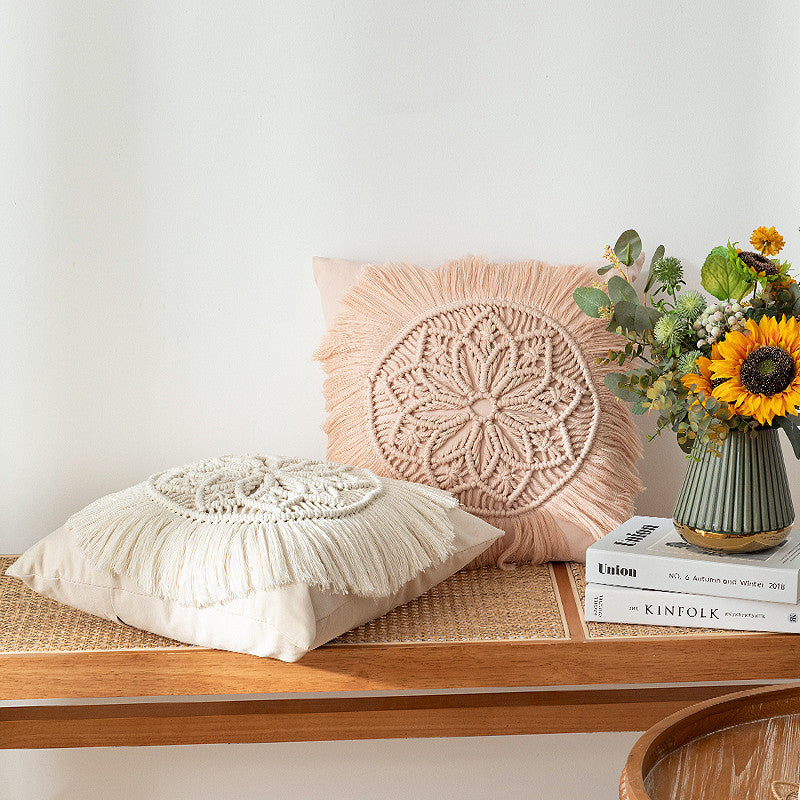 Macrame-Decorative pillow with tassels and hand-knotted Boho structure