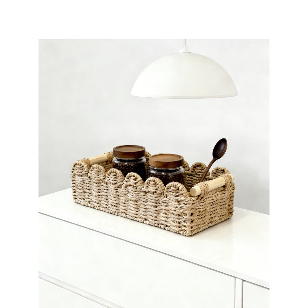 Decorative storage basket with ergonomic handles