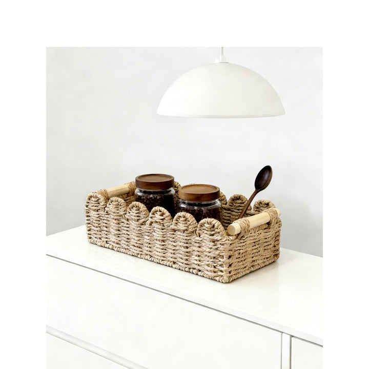 Decorative storage basket with ergonomic handles