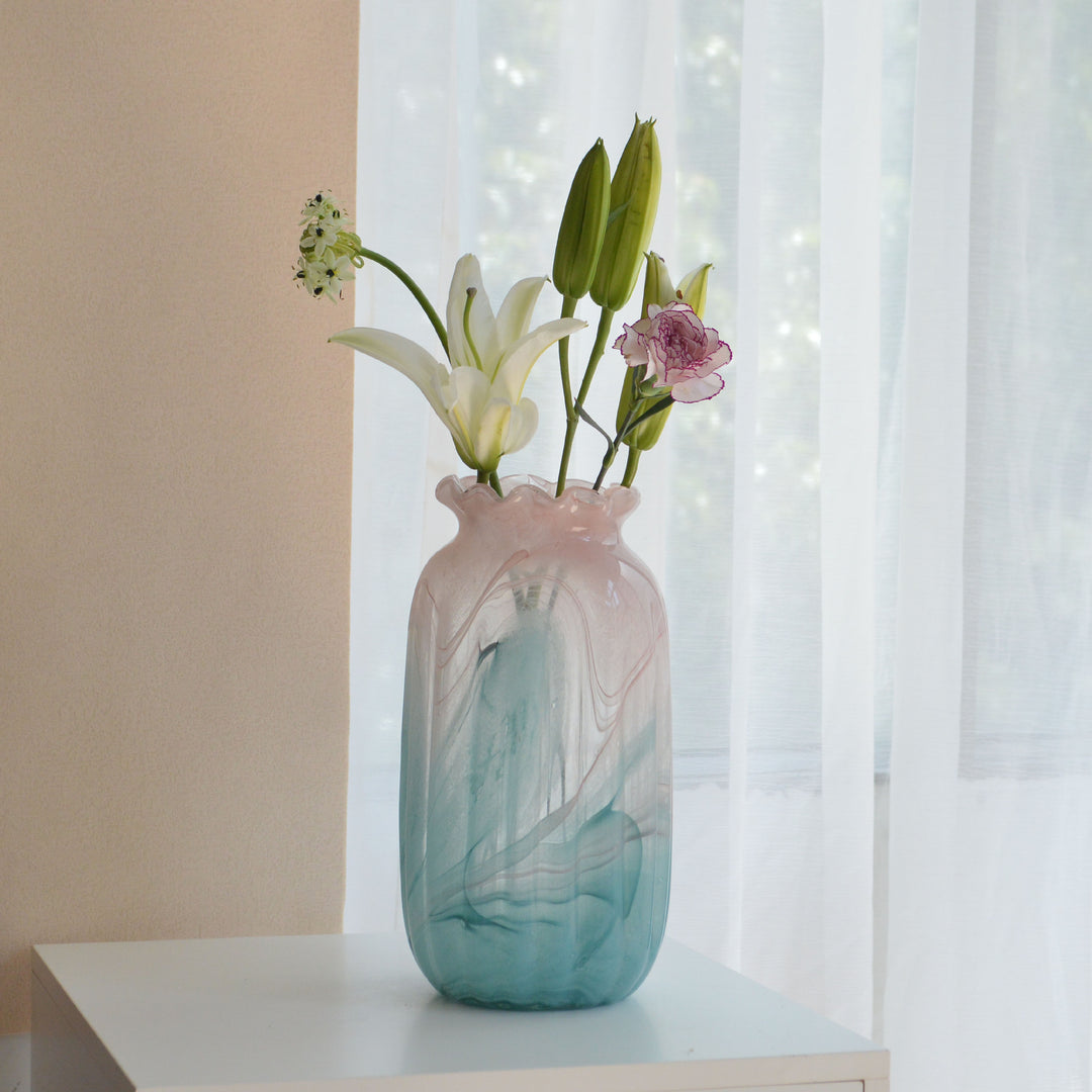 Hand-Blown Marbled Tall Glass Vase with Ruffled Lip and Sculpted Swirl Pattern