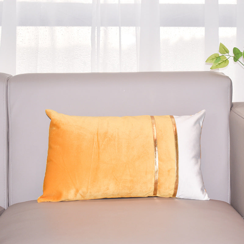 Rectangular Velvet-Blend Lumbar Cushion Cover with Dual Metallic Gold Bands