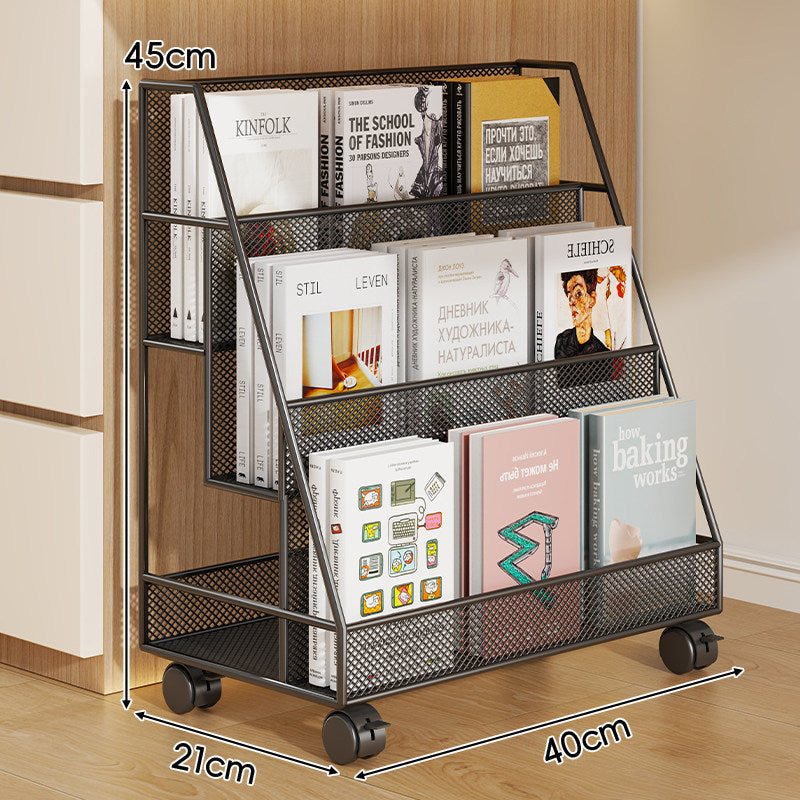 Angled Mesh Rolling Book and Magazine Display Rack with Slanted Shelves and Swivel Casters