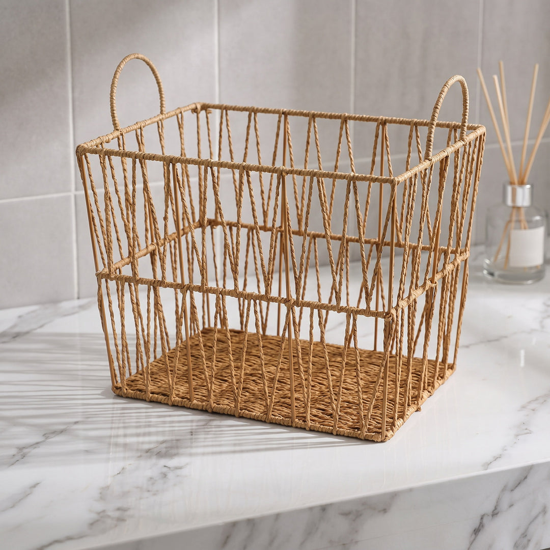 Decorative storage basket made of woven natural material