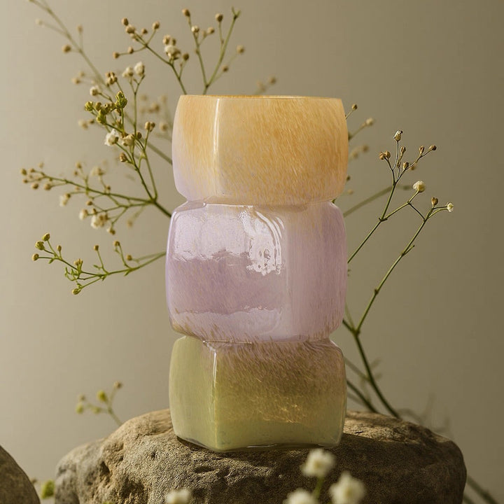 Stacked Square Art Glass Decorative Vase with Layered Blown Blocks