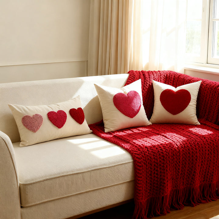 Tufted Hooked Heart and Daisy Accent Throw Pillow Cover with Tassel Corners
