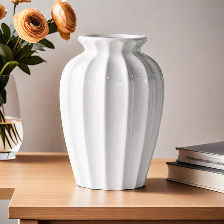 Elegant ceramic vase with ribbed structure