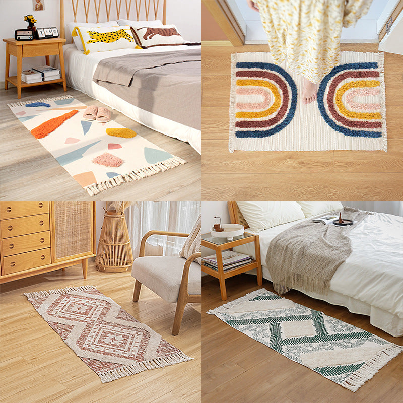 decorative woven bathroom runner with botanical jacquard pattern and fringes