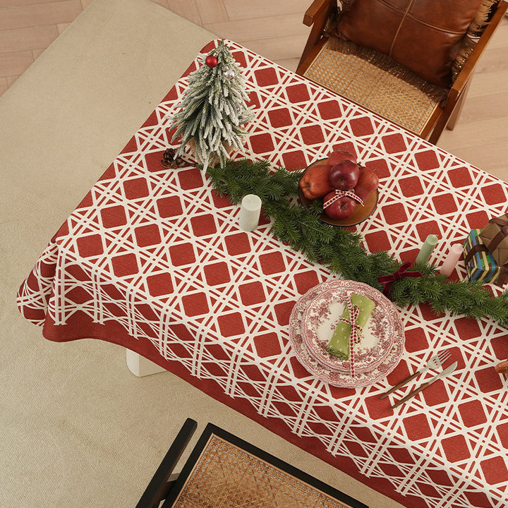 Rectangular festive tablecloth made of cotton blend fabric with geometric grid relief and stain-resistant surface