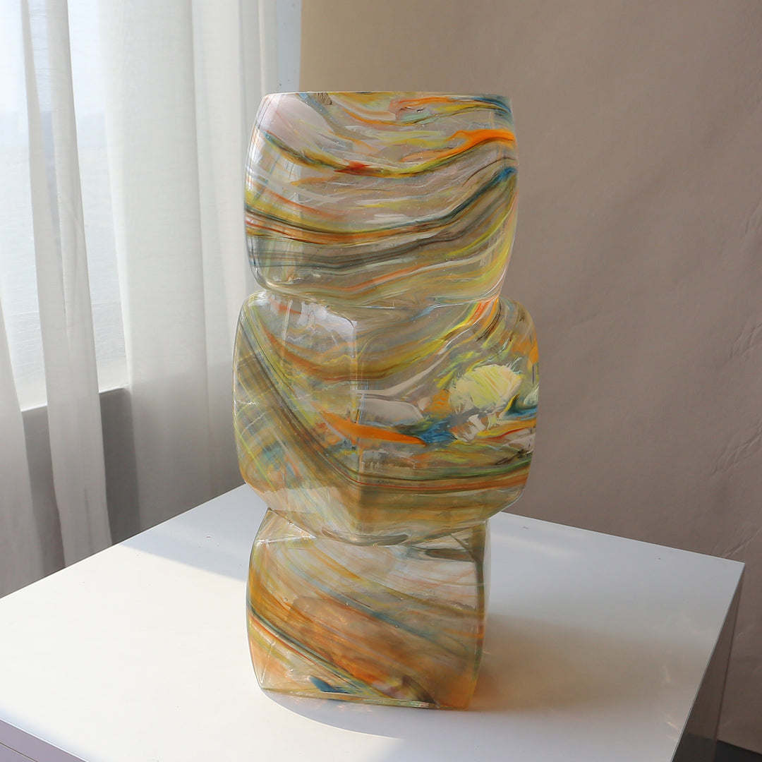 Mouth-Blown Multi-Swirl Art Glass Sculptural Floor Vase