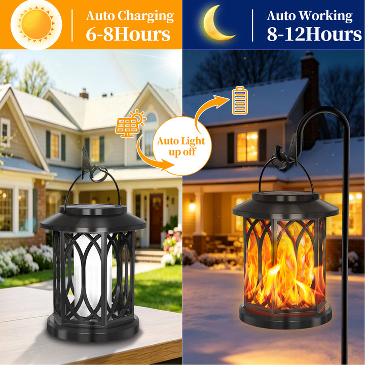 Outdoor Solar-Powered Metal Hanging Light with Decorative Grid and Flickering LED Candle