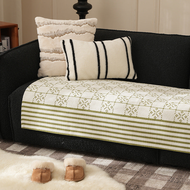 Woven rectangular table runner made of cotton blend with checkered pattern and striped border