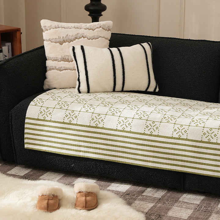 Woven rectangular table runner made of cotton blend with checkered pattern and striped border
