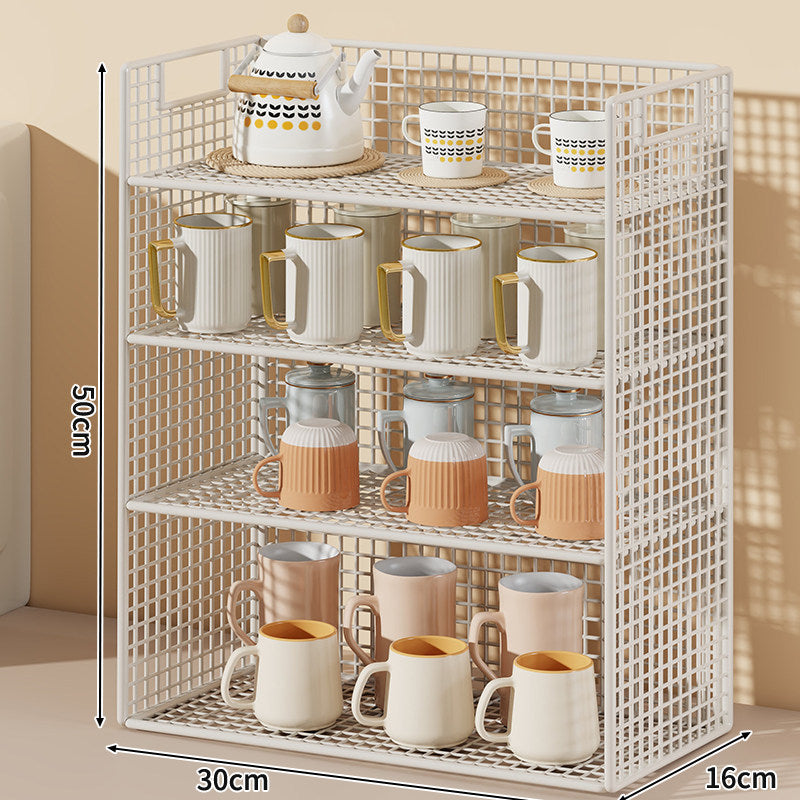 Three-Tier Wire Grid Countertop Display Shelf with Faux-Wood Removable Trays