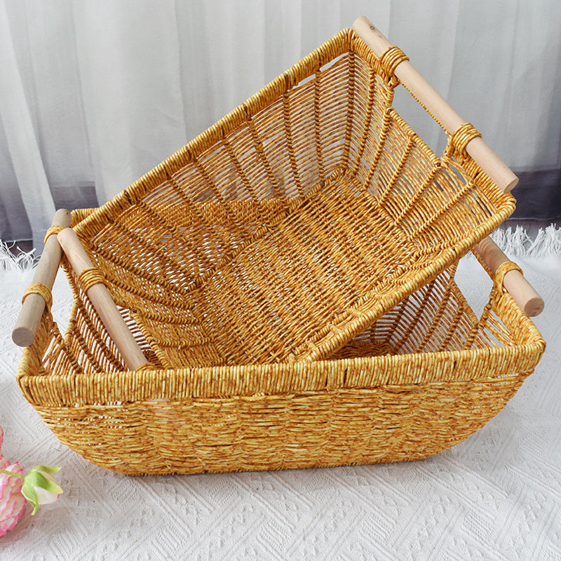 Handwoven Storage Basket with Wooden Handles