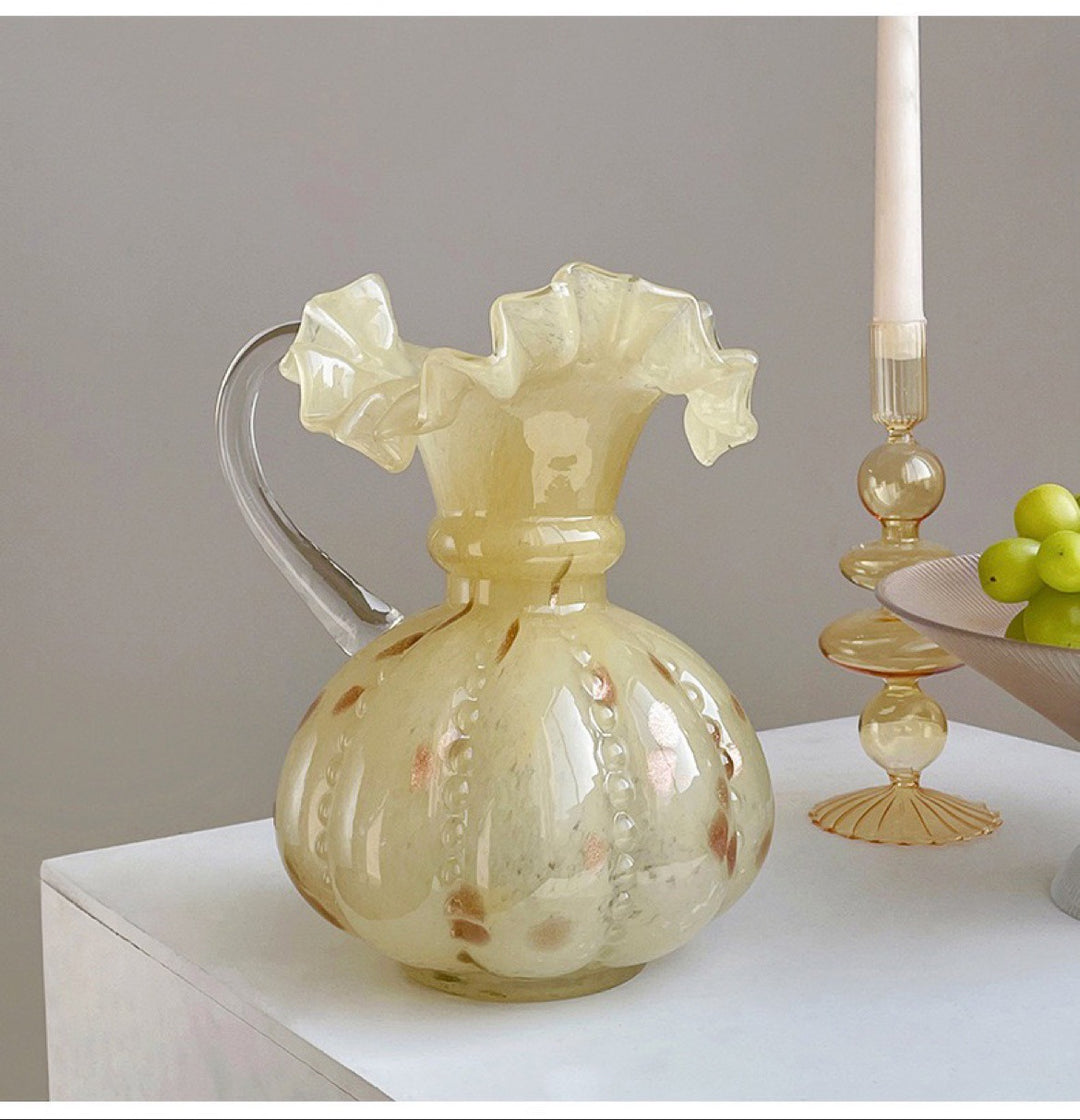 Artisanal Bulbous Milk-Glass Bud Vase with Frilled Neck & Speckled Inclusions