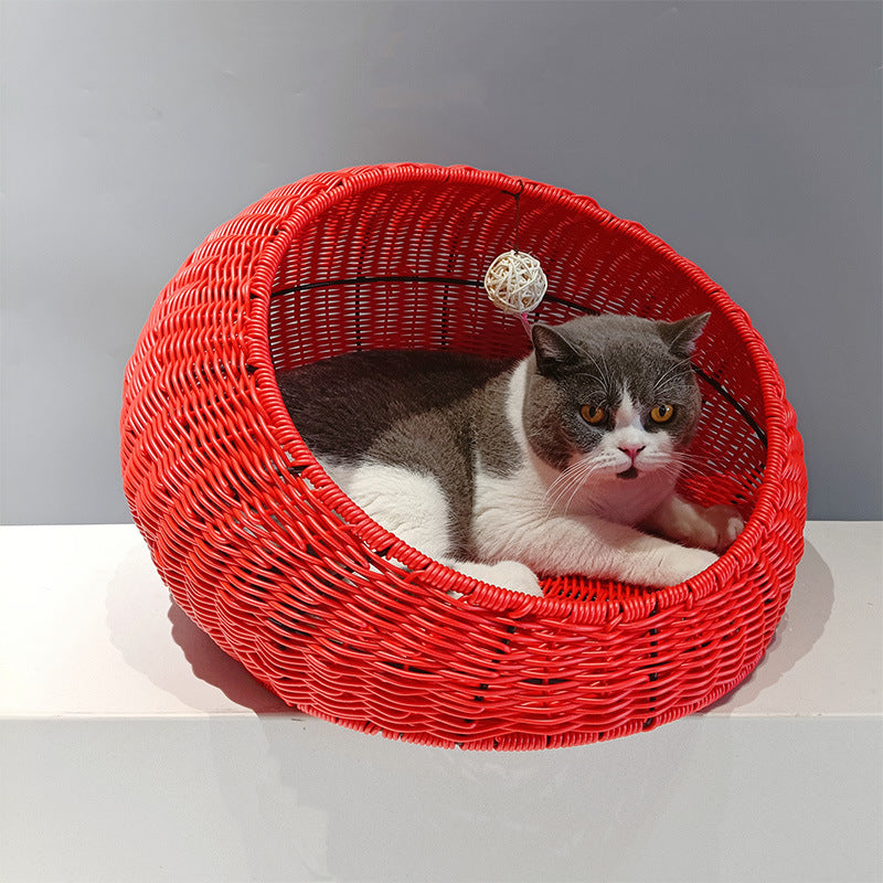 Cozy cat bed made of woven natural material