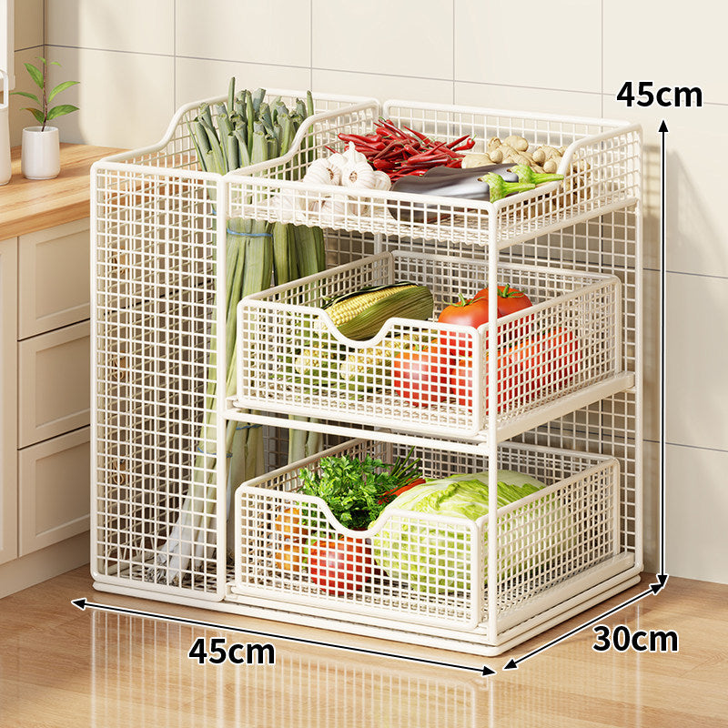 Rolling Metal Mesh Produce Storage Cart with Tall Vertical Compartment and Removable Shelves