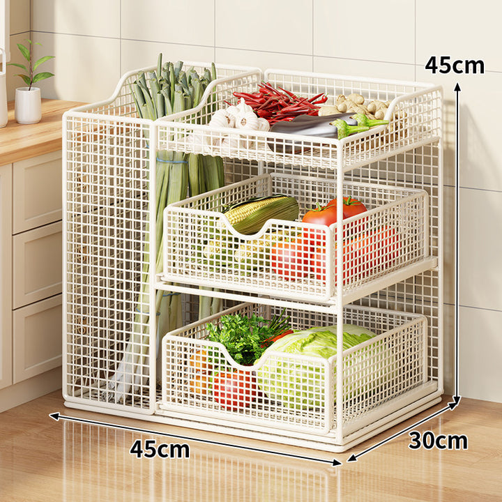 Rolling Metal Mesh Produce Storage Cart with Tall Vertical Compartment and Removable Shelves