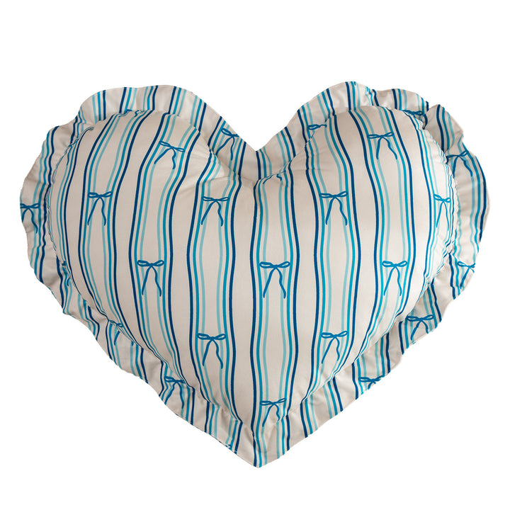 Heart-shaped decorative pillow with ruffled edge and heart pattern