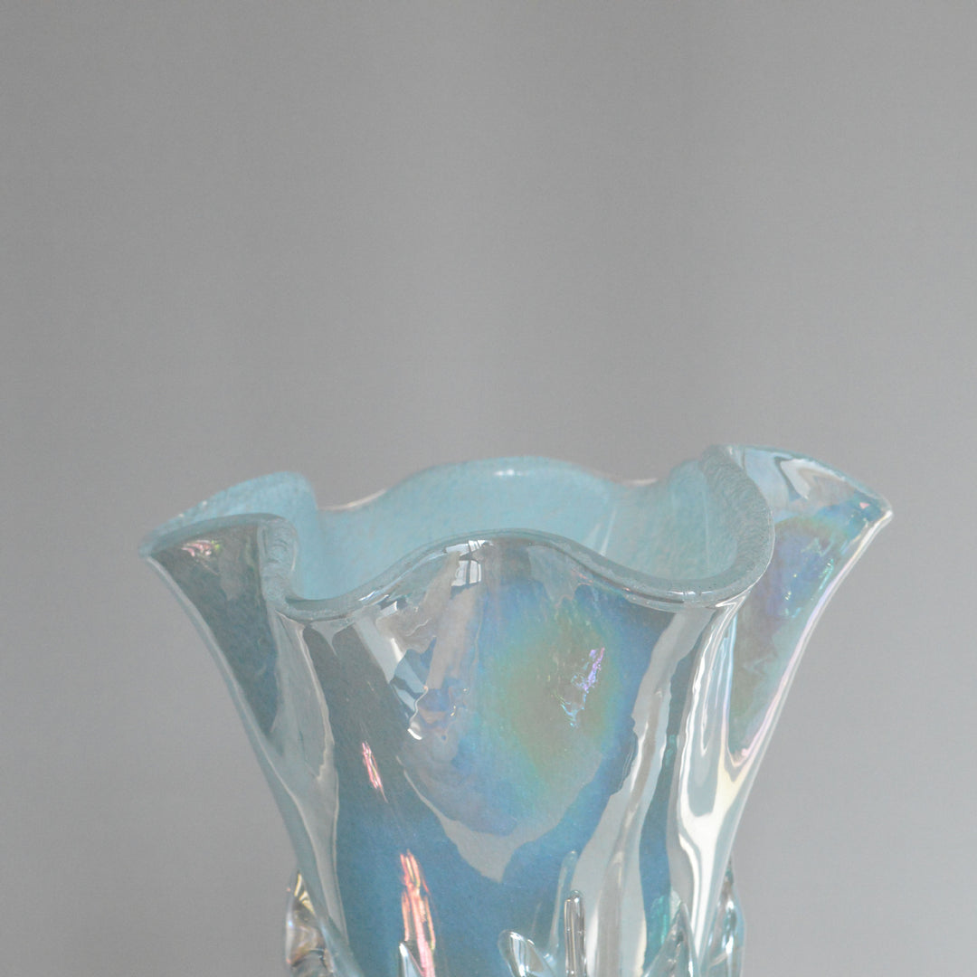 Iridescent Hand-Blown Sculptural Ruffled-Rim Art Glass Vase