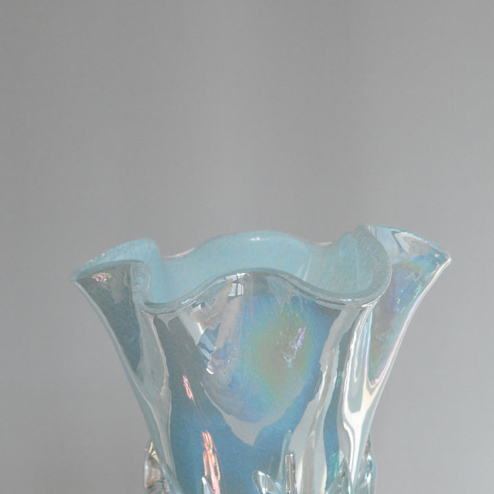 Iridescent Hand-Blown Sculptural Ruffled-Rim Art Glass Vase