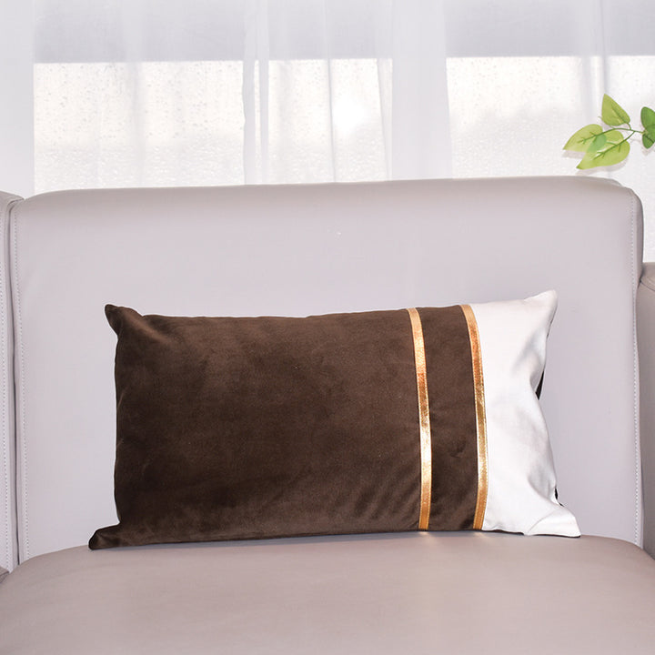 Rectangular Velvet-Blend Lumbar Cushion Cover with Dual Metallic Gold Bands