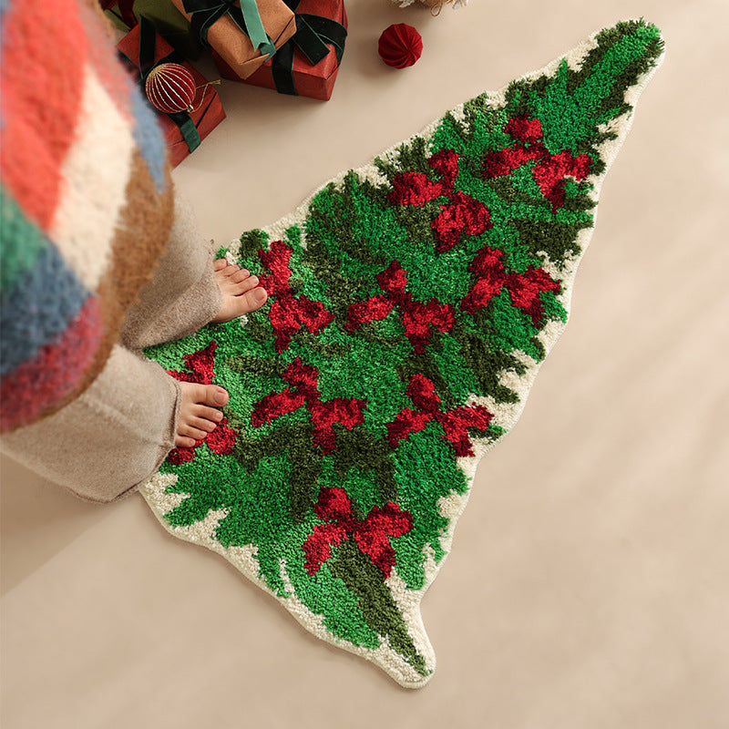 Christmas tree-shaped chenille rug with tufted bow look