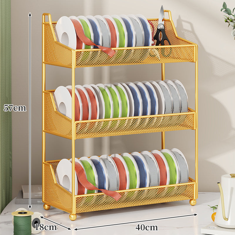 Metal Mesh Ribbon and Tape Spool Organizer with Integrated Scissor Slot