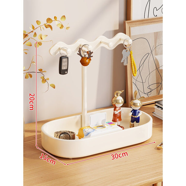 Wave-Top Vertical Jewelry and Key Organizer Tray with Multi-Hook Stand