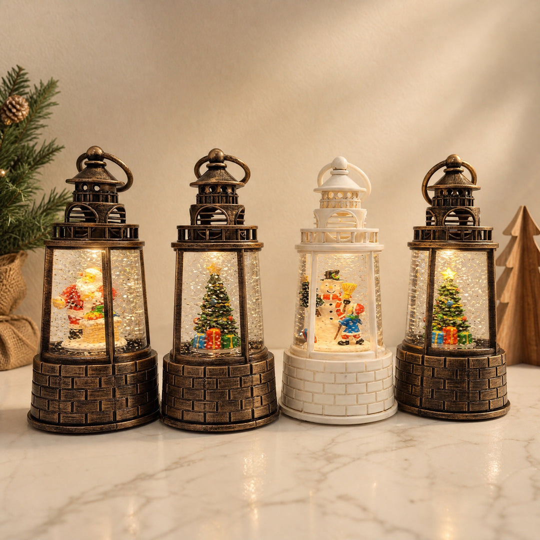 Nostalgic snow lantern with moving snowman scene