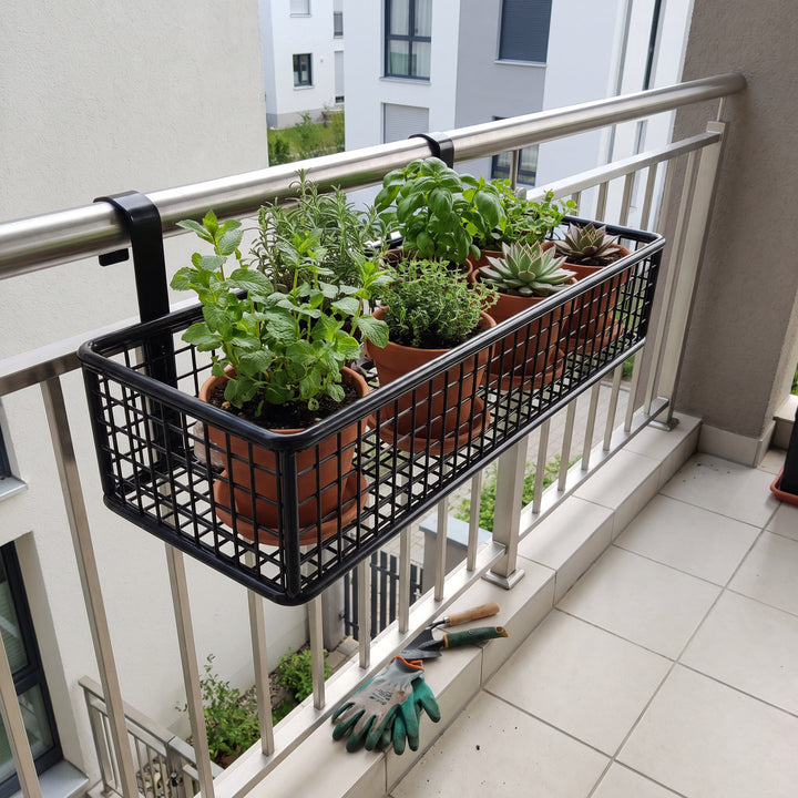 Hanging Balcony Two-Tier Shoe and Insole Organizer Rack with Mesh Baskets and Adjustable Hooks