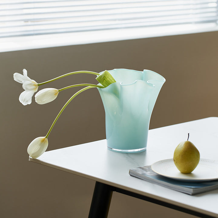 Hand-Blown Fluted Art Glass Vase with Ruffled Rim
