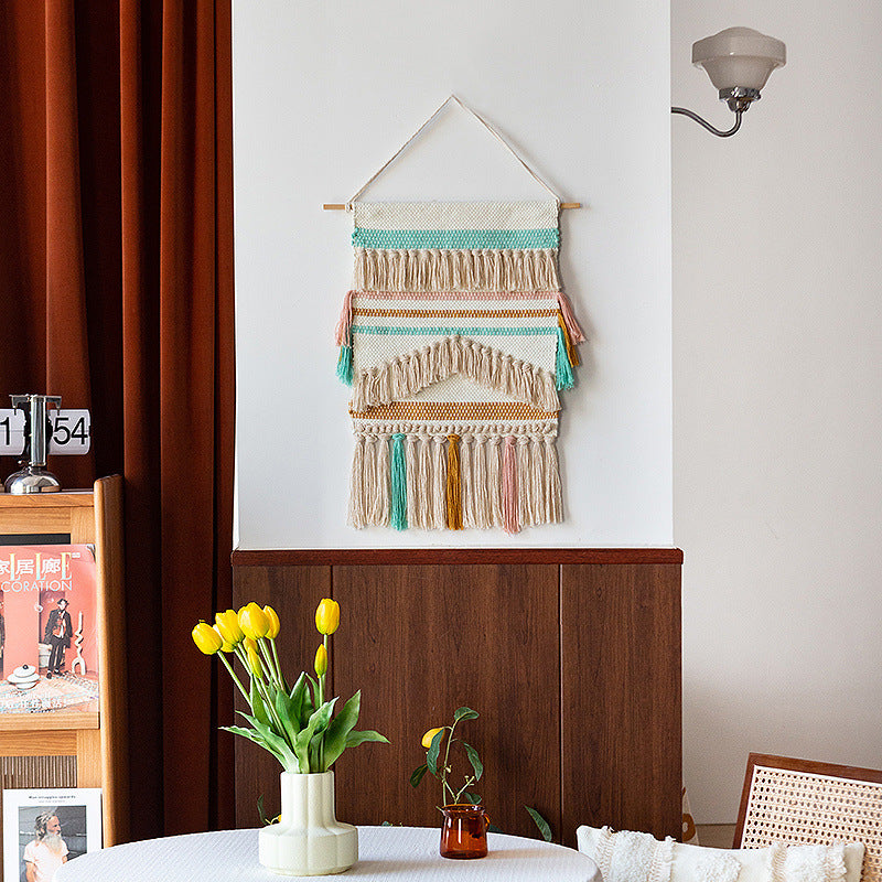 Woven Boho wall tapestry with macrame fringes and handcrafted textured relief