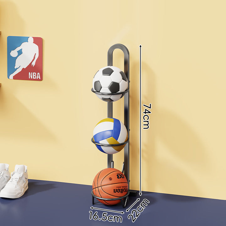Three-Tier Vertical Sports Ball Storage Rack with Wall-Ready Base and Circular Cradles