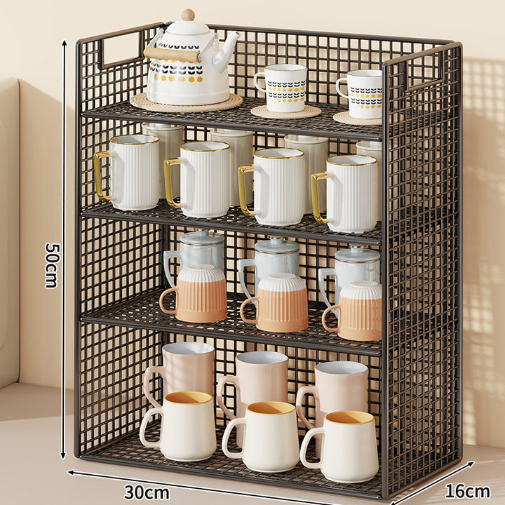 Three-Tier Wire Grid Countertop Display Shelf with Faux-Wood Removable Trays