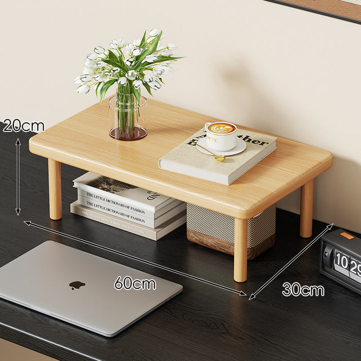 Compact Solid Wood Elevated Desk Display Stand with Under-Shelf Storage and Rounded Leg Design