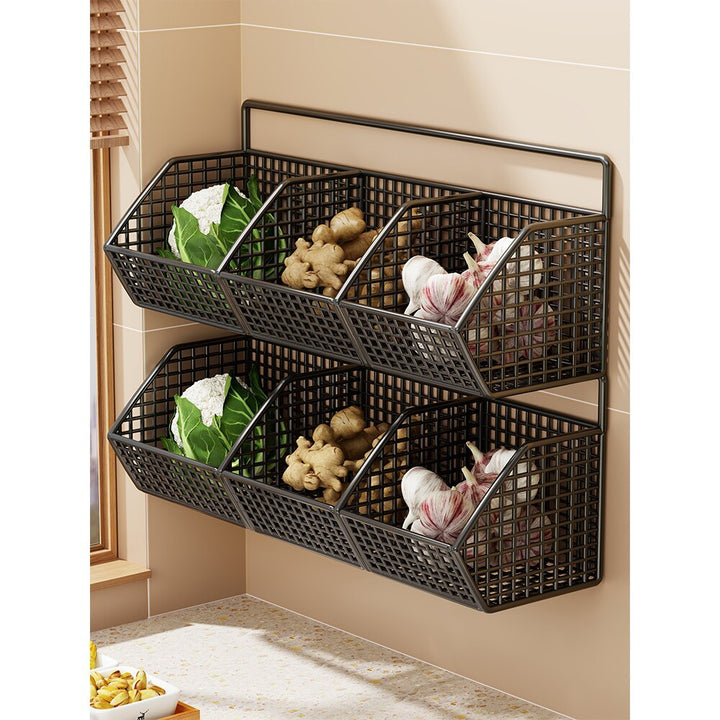 Wall-Mounted Double-Tier Grid Mesh Kitchen Storage Basket Organizer