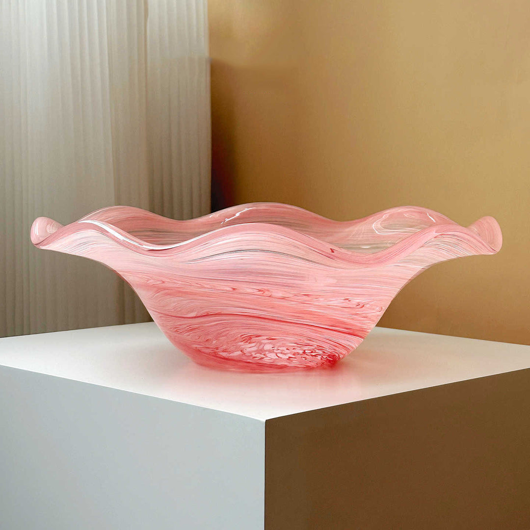 Hand-Blown Wavy-Rim Swirled Glass Centerpiece Bowl