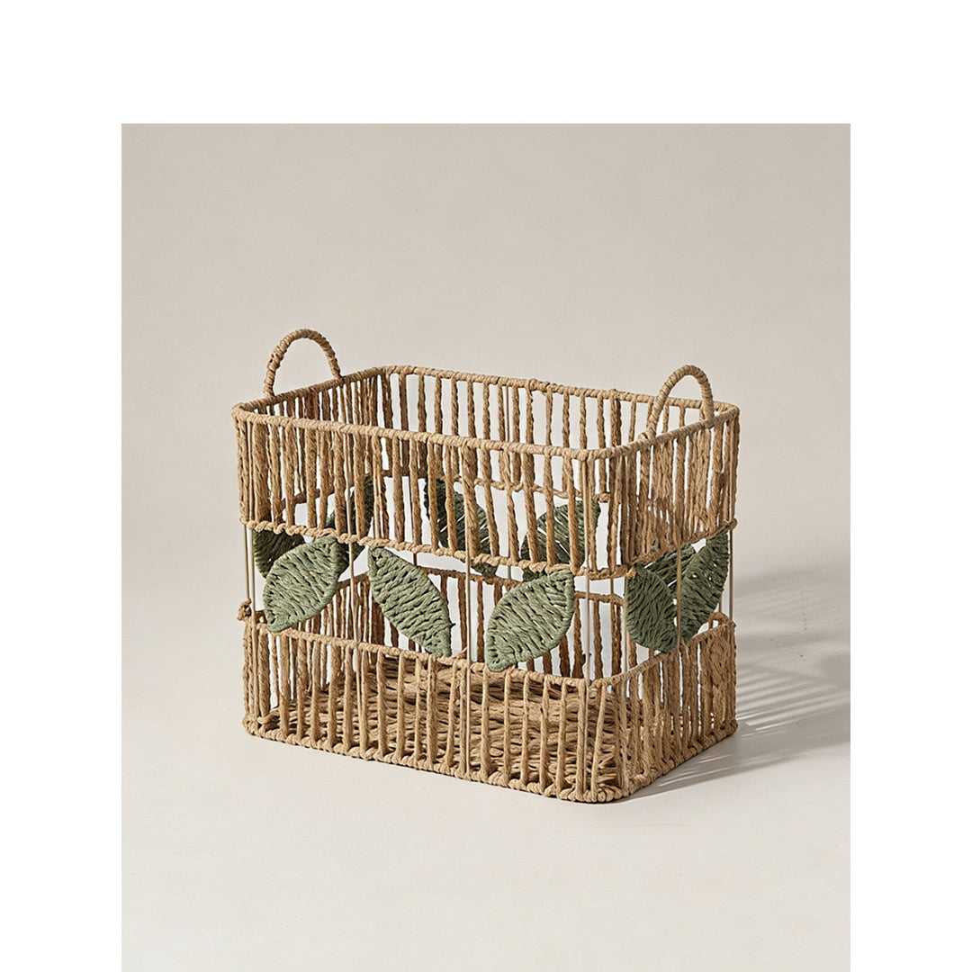 Handcrafted storage basket with leaf motif