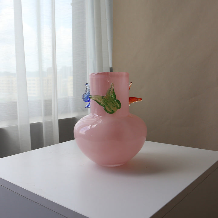 Art Glass Decorative Bulb Vase with Applied Butterfly Accents
