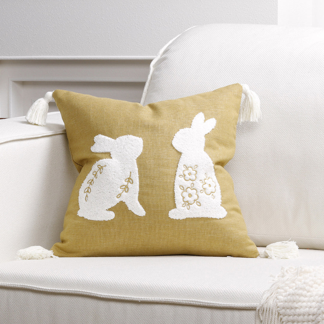 Embroidered Bunny Appliqué Tassel Lumbar Pillow Cover