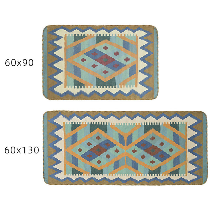Woven runner rug in ethnic kilim pattern with flat weave structure and non-slip backing