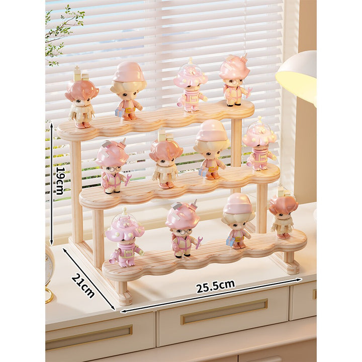 Two-Tier Wavy Wooden Display Stand for Mini Figures and Collectibles