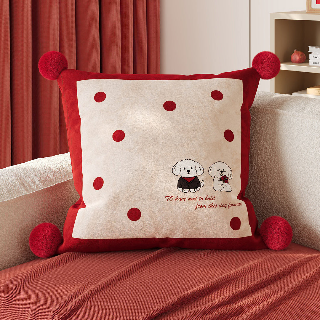 Decorative Cotton-Linen Square Throw Pillow with Pom-Pom Corners and Polka Dot Love Print