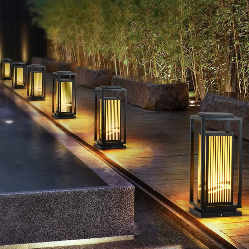 Japanese inspired solar garden floor lantern with wooden frame