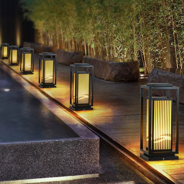 Japanese inspired solar garden floor lantern with wooden frame