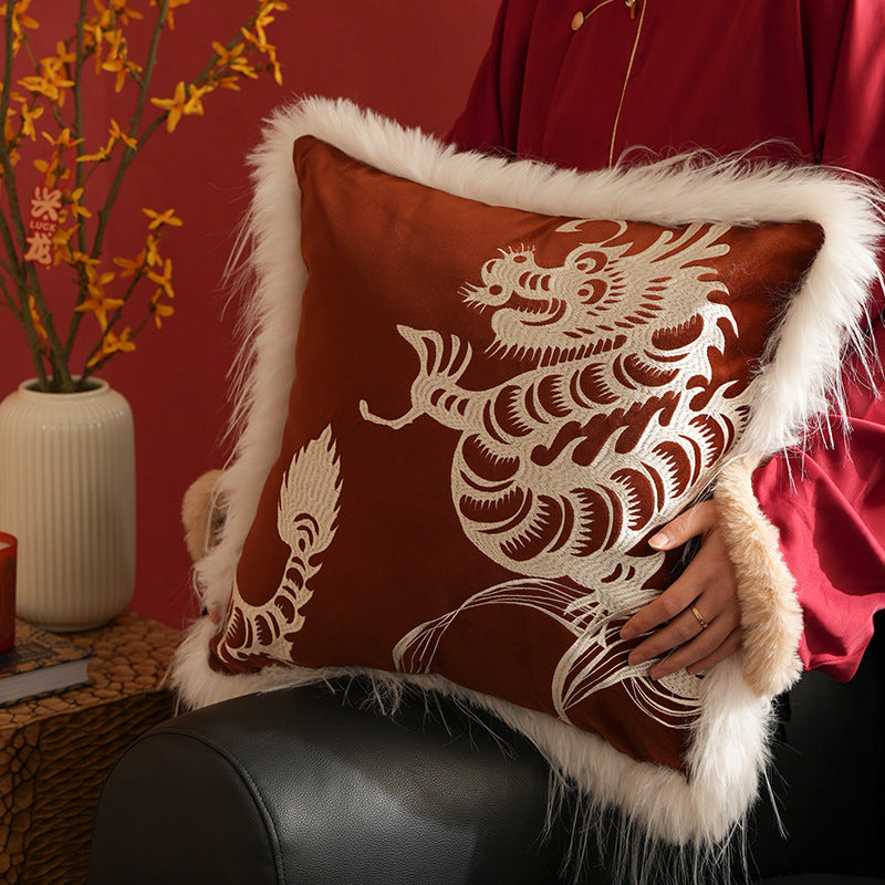 Square velvet decorative pillow with embroidered dragon motif and faux fur trim